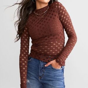 Buckle Brown Turtleneck Textured Knit Top